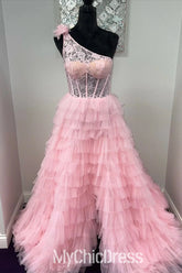 Plus Size Lace Prom Dresses One Shoulder Multi-Tiered with Ruffles